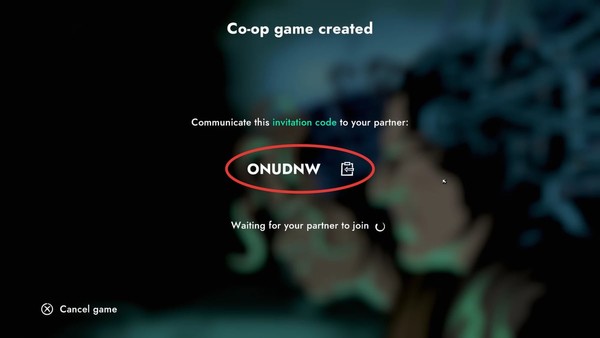 The invitation code on the Co-op game created screen